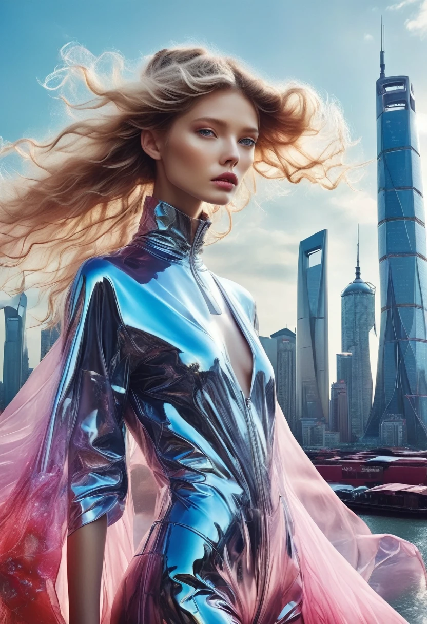 Entrez dans un paysage de rêve où un mannequin de haute couture enfile une version avant-gardiste du costume Zhongshan de Yohji Yamamoto. Cette vue en contre-plongée pour V Magazine prise dans un horizon futuriste de Shanghai, démontre l’esthétique visionnaire de Pierre et Gilles