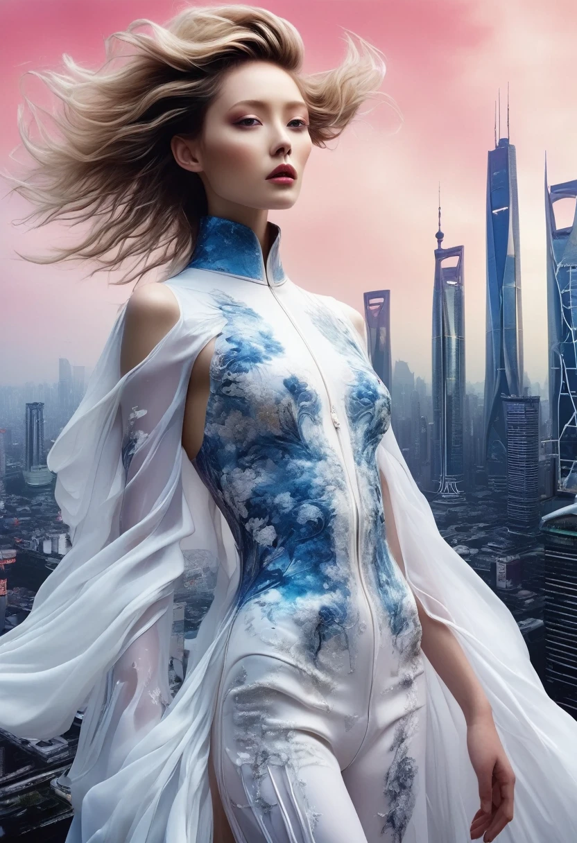 Entrez dans un paysage de rêve où un mannequin de haute couture enfile une version avant-gardiste du costume Zhongshan de Yohji Yamamoto. Cette vue en contre-plongée pour V Magazine prise dans un horizon futuriste de Shanghai, démontre l’esthétique visionnaire de Pierre et Gilles