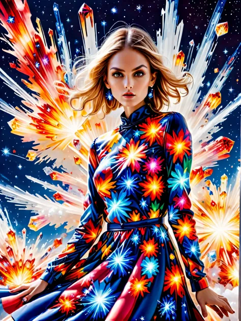 For Marie Claire, a model in a Valentino creation, her pose commanding, amidst the depiction of a supernova explosion. Asymmetri...