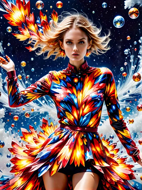 For Marie Claire, a model in a Valentino creation, her pose commanding, amidst the depiction of a supernova explosion. Asymmetri...