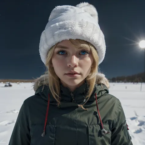 blue eyes , blonde hair , military outfit with a small red symbol , snowy tundra background , 1male , furry winter hat