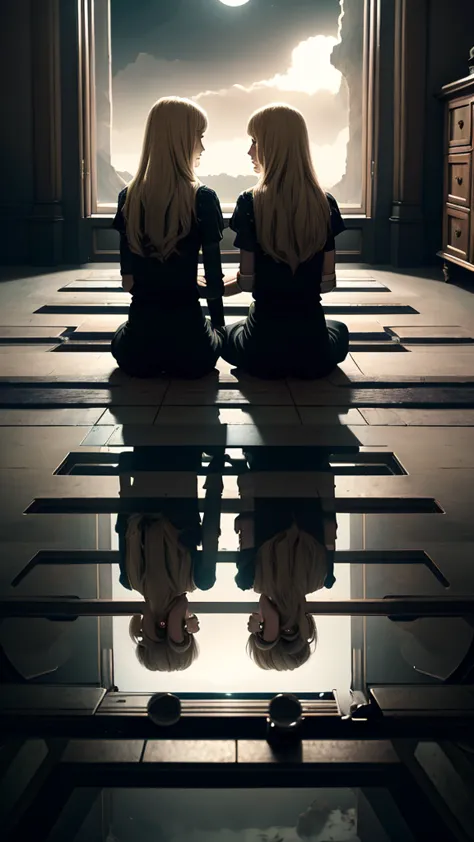 Twin sisters sitting on the floor, dark fantasy, thriller, room, magical things, holding hands, dark clothes, Blonde hair, casua...