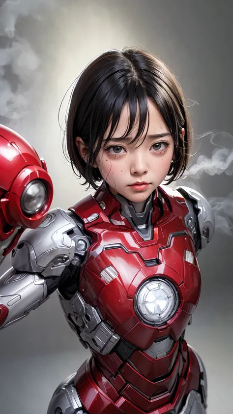 highest quality　8k Iron Man Suit Girl　Kindergarten Girls　Sweaty face　cute　short hair　boyish　Steam coming out of the head　My hair...