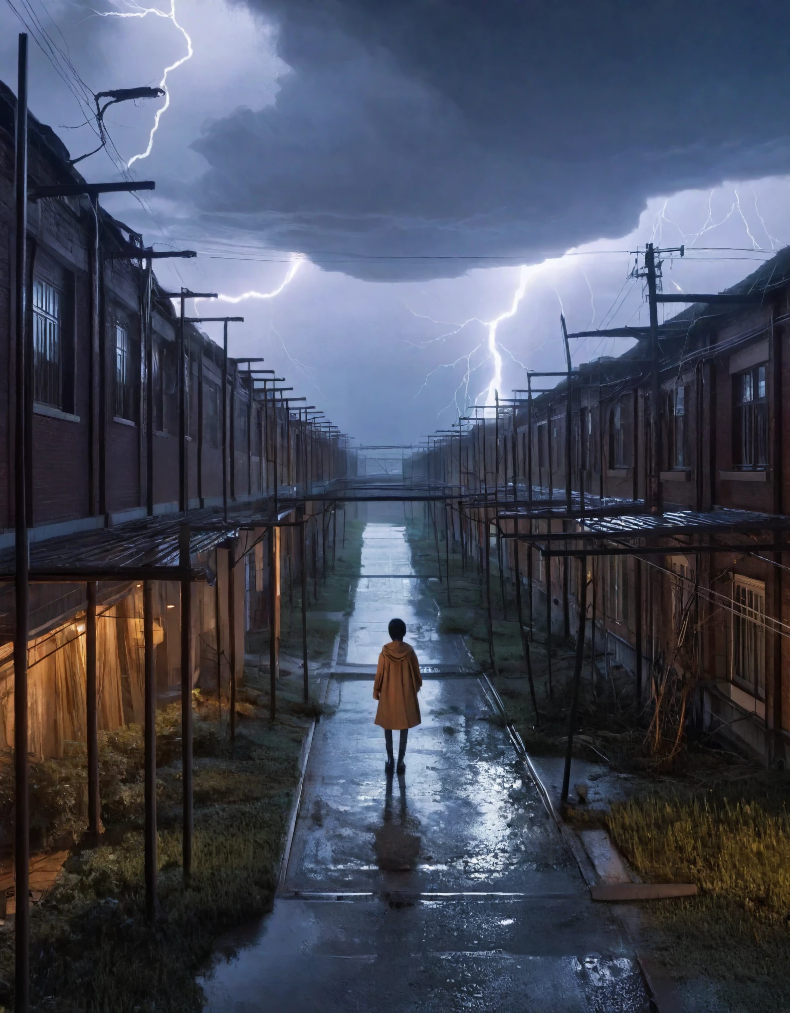 Um ataque dramático à paisagem de anime de titãs ambientado durante uma noite tempestuosa nos arredores da cidade. A chuva cai enquanto um raio ilumina a cena, revelando titãs colossais à espreita entre edifícios em ruínas. O ambiente é sinistro e assombroso, com janelas quebradas e destroços espalhados. O clima é de medo e isolamento, evocando uma sensação de perigo iminente. O estilo é uma renderização 3D escura e mal-humorada, usando efeitos atmosféricos para melhorar a atmosfera tempestuosa.