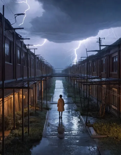 A dramatic attack on titan anime landscape set during a stormy night in the outskirts of the city. Rain pours down as lightning ...