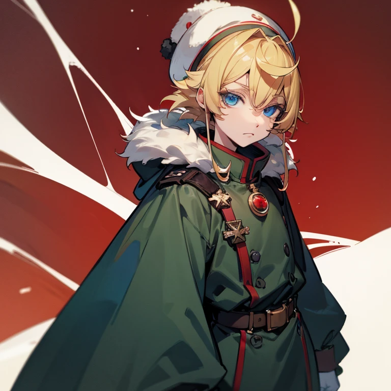 Blue eyes , blonde hair , military outfit with a small red symbol , snowy tundra background , 1male , furry winter hat