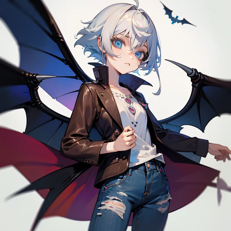 Masterpiece、High quality、1 girl in、unique、middle breast、short hair、(Hair between the eyes)、(00BFFE Pixie cut)、Bat wings、Disappointed face、(Embroidered blouses、Long ripped jeans、Leather blazer)、White hair