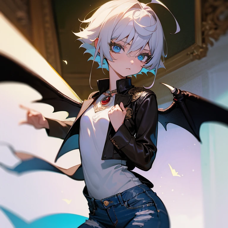 Masterpiece、High quality、1 girl in、unique、middle breast、short hair、(Hair between the eyes)、(00BFFE Pixie cut)、Bat wings、Disappointed face、(Embroidered blouses、Long ripped jeans、Leather blazer)、White hair