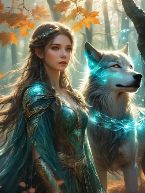 An elven ranger draws a glowing teal bow, braided autumn hair and cloak blowing dramatically. Intricate leaf-shaped armor glints...