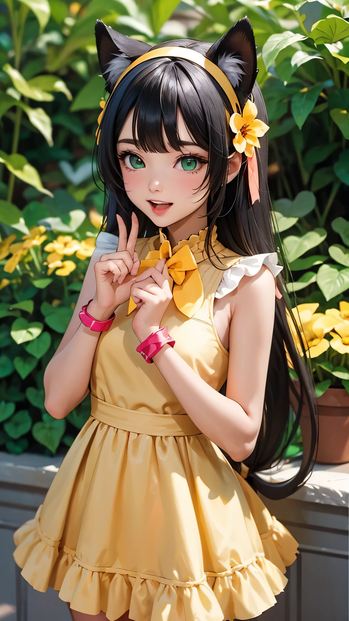 1girl, :d, animal ear fluff, animal ears, bangs, black hairband, blonde hair, blurry, blurry background, depth of field, dress, flower, flower pot, frilled dress, frills, green dress, green eyes, hairband, holding, long hair, open mouth, pink flower, plant, potted plant, sketch, sleeveless, sleeveless dress, smile, solo, tail, wrist cuffs, yellow flower, 1980s (style)