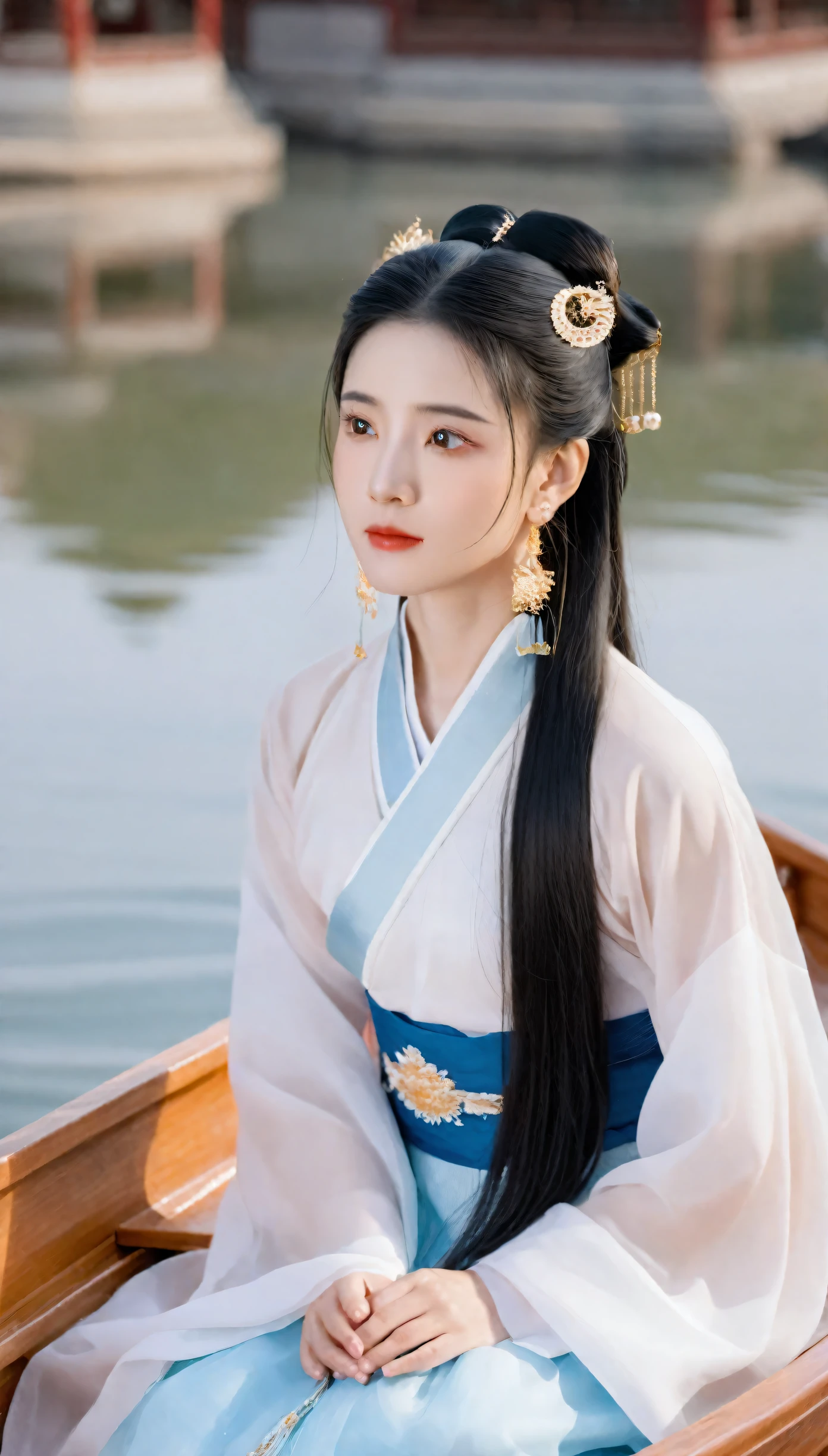 (1girl, solo:1.3),on a wood boat,black hair,realistic,big breast,long hair,jewelry,upper body,white see through hanfu,blurry,earrings,lips,chinese clothes,hair ornament,black eyes,blurry background,looking to the side,closed mouth,