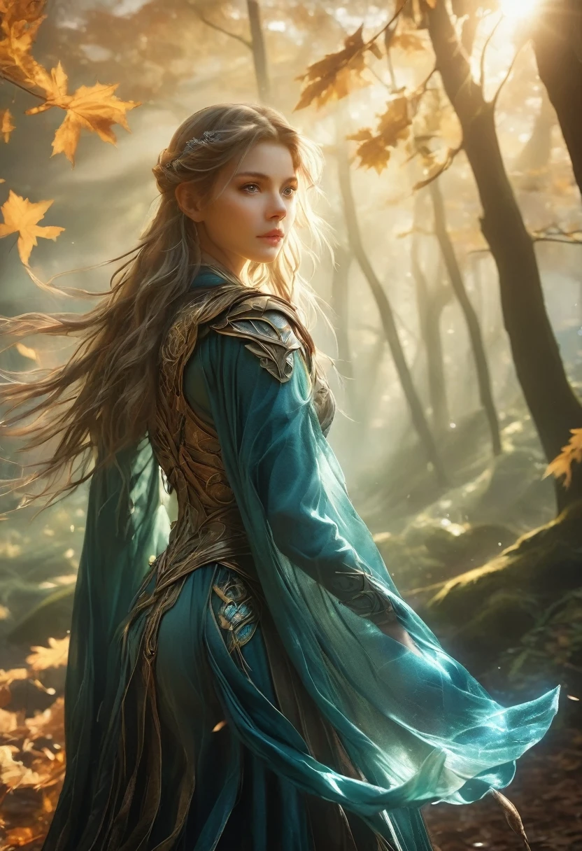 An elven ranger draws a glowing teal bow, braided autumn hair and cloak blowing dramatically, Intricate leaf-shaped armor glints in the mystical forest mist behind he, A wolf stands stalwartly by her side, ready for adventure, Dynamic fantasy landscape, radiant lighting, chiaroscuro, cinematic lighting, ray tracing, film grain, first-person view, wide shot, Realism, Hyperrealism, UHD, retina, masterpiece, ccurate, anatomically correct, textured skin, super detail, award winning, best quality, 8k