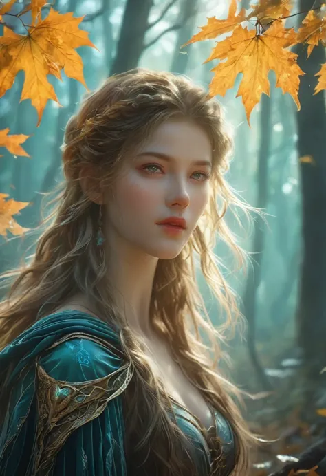 An elven ranger draws a glowing teal bow, braided autumn hair and cloak blowing dramatically, Intricate leaf-shaped armor glints...