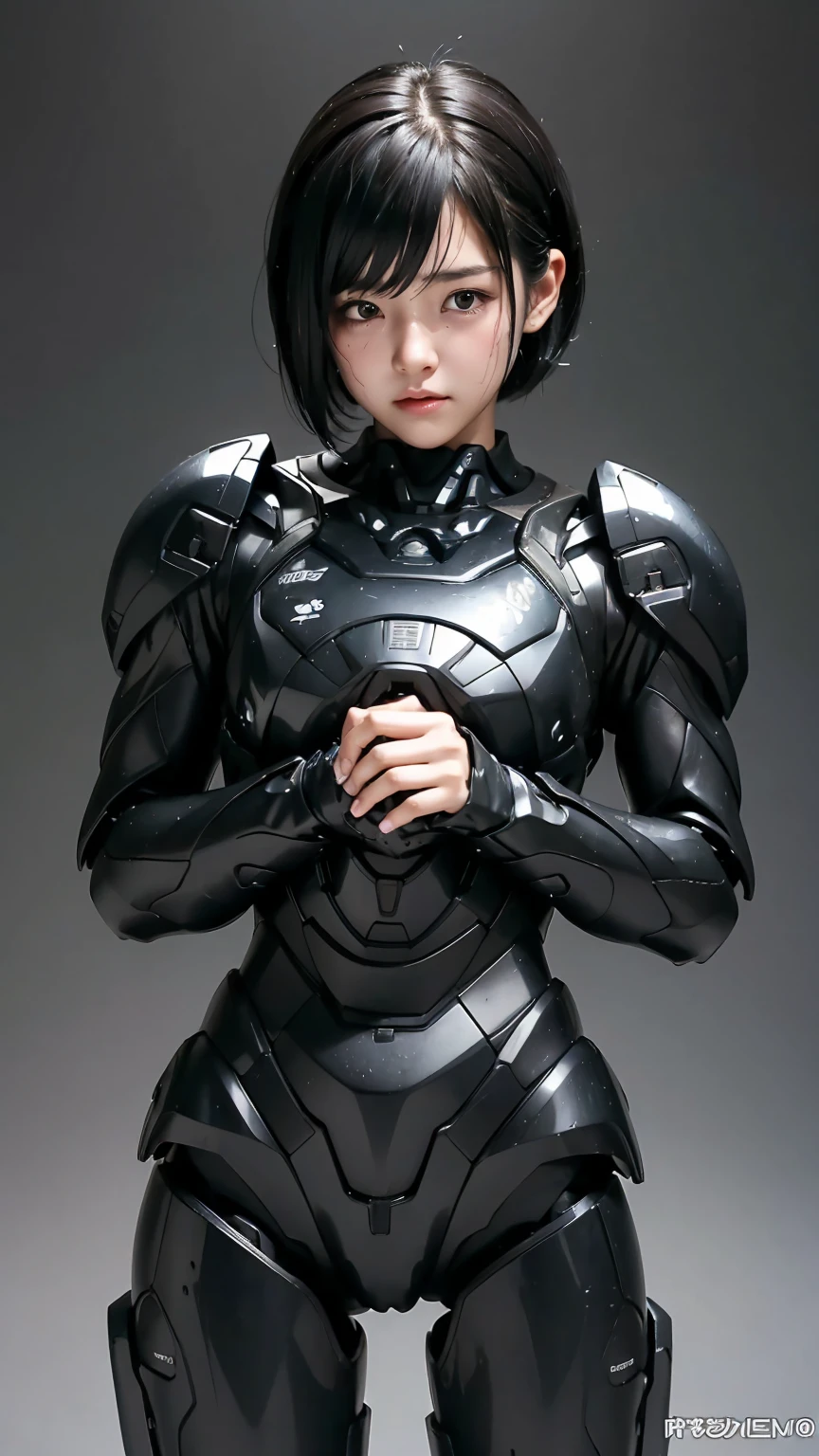 la plus haute qualité　Fille en costume de robot noir 8k　Filles de maternelle　Visage en sueur　Mignon　Cheveux courts　de garçon　De la vapeur sort de la tête　Mes cheveux sont mouillés de sueur　Cheveux noirs　portrait complet du corps　Mon haut du corps est trempé　Plissez les yeux　vulpix