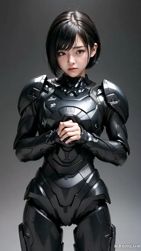 highest quality　8k Black robot suit girl　Kindergarten Girls　Sweaty face　cute　short hair　boyish　Steam coming out of the head　My h...