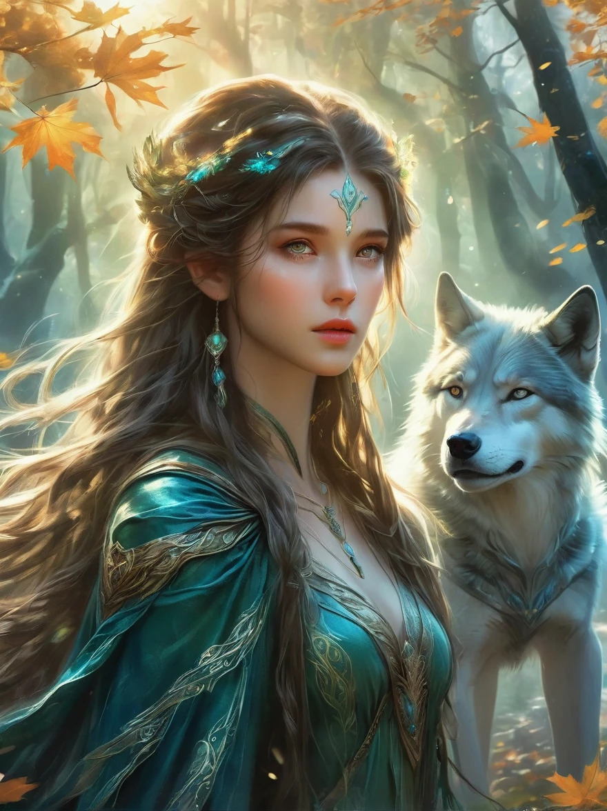 An elven ranger draws a glowing teal bow, braided autumn hair and cloak blowing dramatically. Intricate leaf-shaped armor glints in the mystical forest mist behind her. A wolf stands stalwartly by her side, ready for adventure. Dynamic fantasy landscape, radiant lighting.