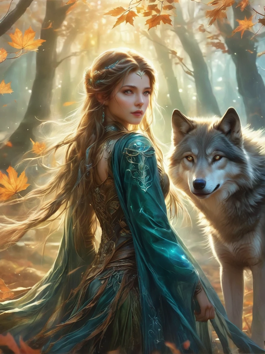 An elven ranger draws a glowing teal bow, braided autumn hair and cloak blowing dramatically. Intricate leaf-shaped armor glints in the mystical forest mist behind her. A wolf stands stalwartly by her side, ready for adventure. Dynamic fantasy landscape, radiant lighting.