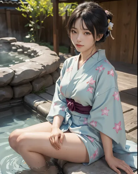 masterpiece, highest quality, realistic, 1 girl, open-air hot spring, yukata figure, i&#39;my yukata got wet and became transpar...