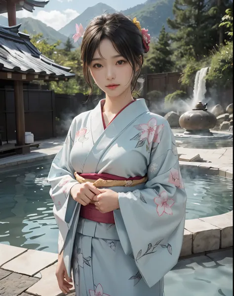 masterpiece, highest quality, realistic, 1 girl, open-air hot spring, yukata figure, i&#39;my yukata got wet and became transpar...