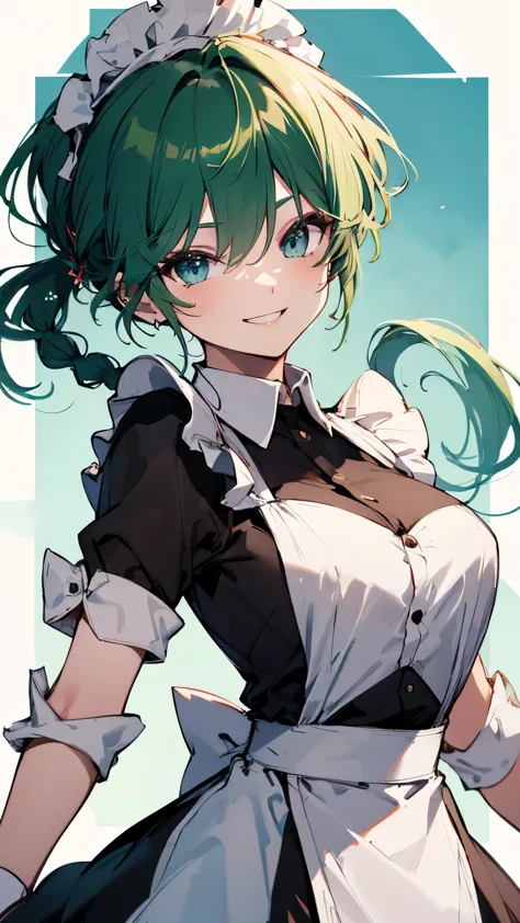 femaleranma, braided ponytail,(green hair),
maid,(maid headdress),upper body,smile,
