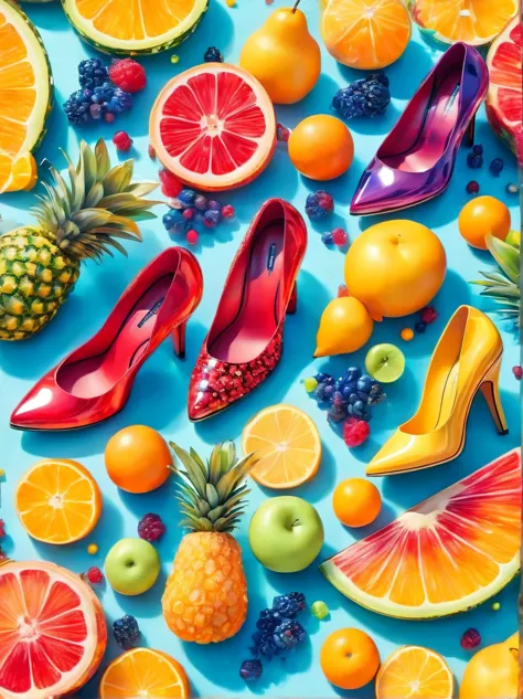 creative avant-garde fashionable high-heeled shoes inspired by fruits , material used is colored acrylic, rreallistic, Ultrashar...