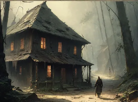 there is a solo man walking in the woods with a backpack, old house, stefan koidl inspired, bussiere rutkowski andreas rocha, by...