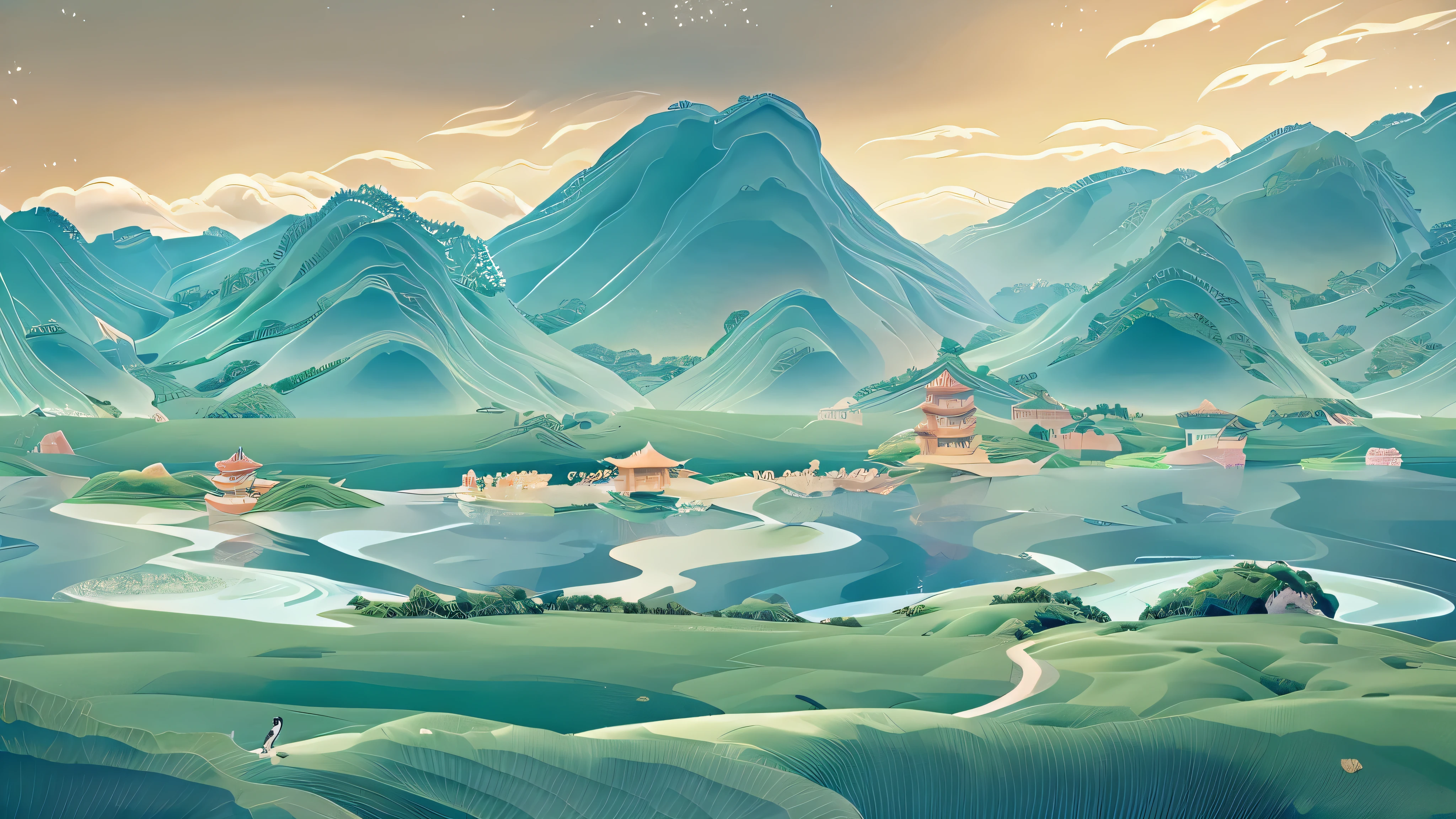 Berg，Wasser，klassisch，China，Anime-Landschaft，Die Farbe ist hell und elegant，Grün