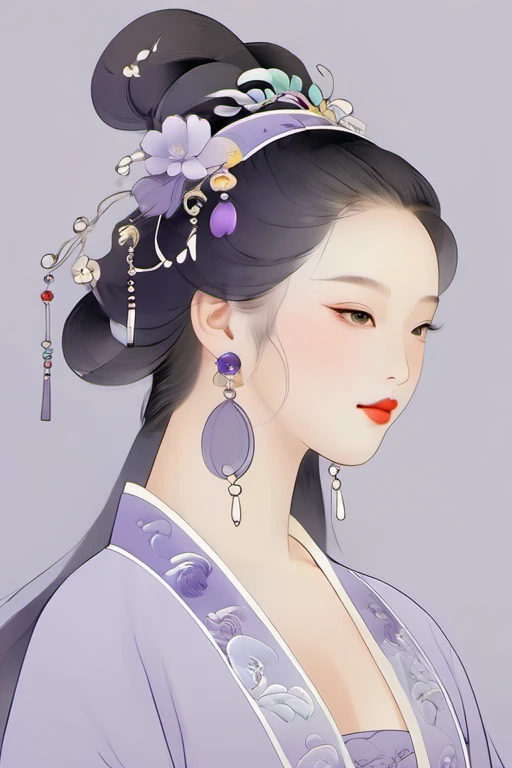 (Chinese traditional minimalism:1.3), Close-up portrait, Left view, Chinese bewitching girl, Charming smile, Solitary,1 Girl,Super beautiful ,elegant, Purple color scheme, White background, hair, hair accessories, earrings,, Huge sexy breasts,Showing cleavage， Sexy big ass, Mature female, Sculptural figure, Sexy body,, Curvy body