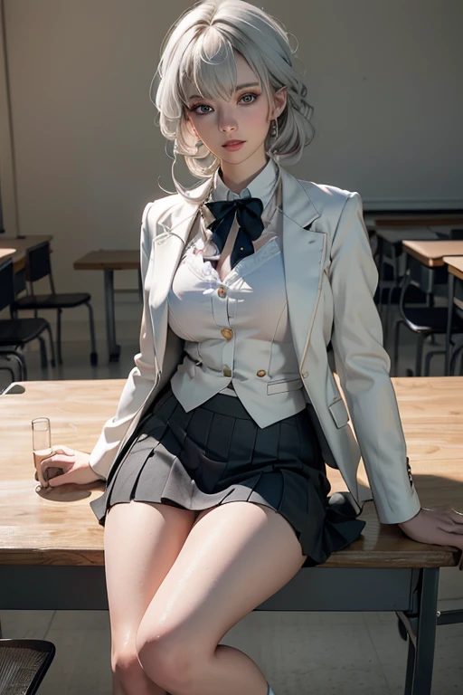 realistic,( photo-realistic), ultra hires, (masterpiece, top quality, best quality, official art, beautiful and aesthetic, raw photo:1.4),(high detailed skin:1.2), ultra realistic, 8k, 1girl, kafka, green eyes, white hair, round glasses, narrow waist, dynamic angle, grey blazer, ribbon, socks, high school uniform: 1.2), high school classroom