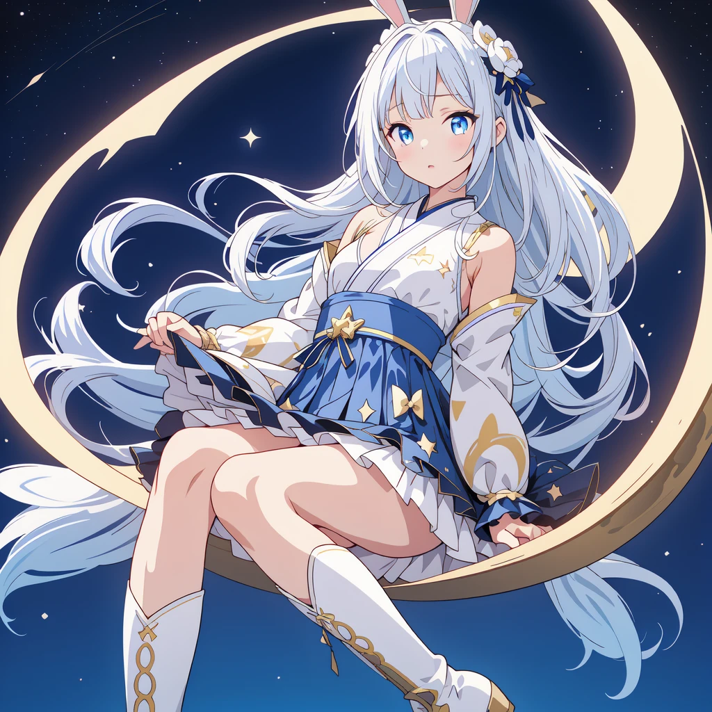 sitting on the crescent moon、A spaceship with a cute rabbit face、Star Fairy、(((1girl)))、lower body shot、Focus on boots、vtuber-halfbody、Star Fairy、「A beautifully printed galaxy patterned kimono and gothic lolita outfit.、Space pattern box pleated mini skirt with ruffles、front portrait、Knee-high boots、enchanting eyes、Perfect and stunning face、exquisite details、clear image、highest quality。」Milky white and blue gradient straight long hair、