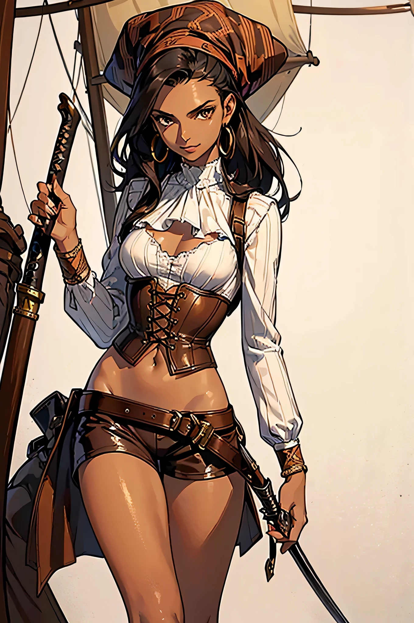 (masterpiece), best quality, expressive eyes, perfect face, (pirate ship background), (standing), (smirk), (closeup view), (1girl, dark skin, tanned skin, black hair, wavy hairstyle, brown eyes, hourglass figure, thin body, skinny body, petite_body, small breasts, thick thighs, long fingernails, brown plaid head wrap, white front lace blouse, long sleeve, loose fit, brown leather corset, brown leather shorts, brown boots, sheathed cutlass sword, flintlock pistol in holster, hoop earrings, miscellaneous jewelry)