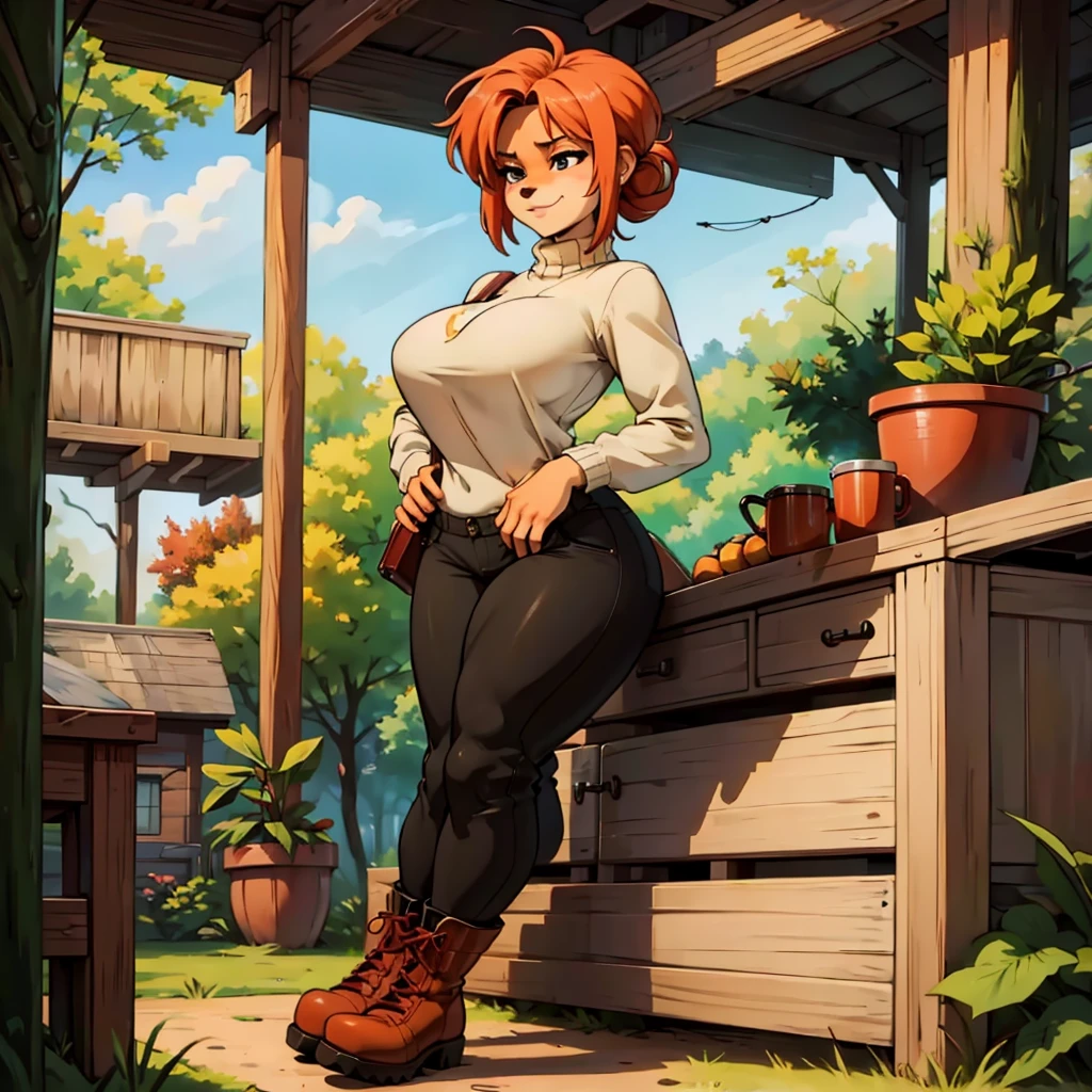 (Best quality, a high resolution, (realistic:1.37), ultra detailed, professional, Bright colors, hips), digital illustration, Cozy autumn night atmosphere, , the forest, autumn , night, sexy girl in a sweater, trousers, army boots, furry, futanari, antro bandikut, seductive facial expression wide grin ,Fantasy theme снимает trousers, hides panties, bare knees dynamic pose,   Fantasy theme