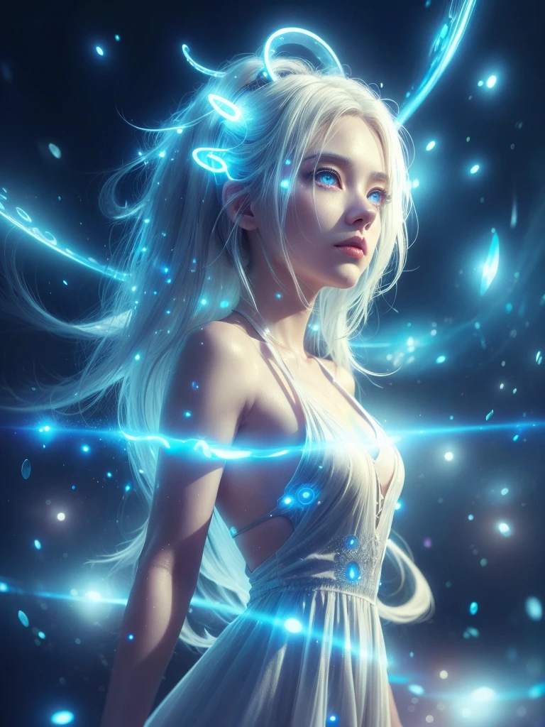 ((upper body)), best quality, masterpiece, a Japanese woman with ((Luminescence white hair)), ((detailed pearl blue eye)), high detailed goddess soul, focus on character, solo, (style swirl magic), solo, from front, front view, looking at viewer, detailed face, ((Luminescence Lighting Magic Circle theme)), perched on a ledge, tight neon body, light streaks, dark abyssal wanderer abstract, ((Simple Luminescence Neon Gown)), inscribed with mystical runes, outdoor dystopian background,