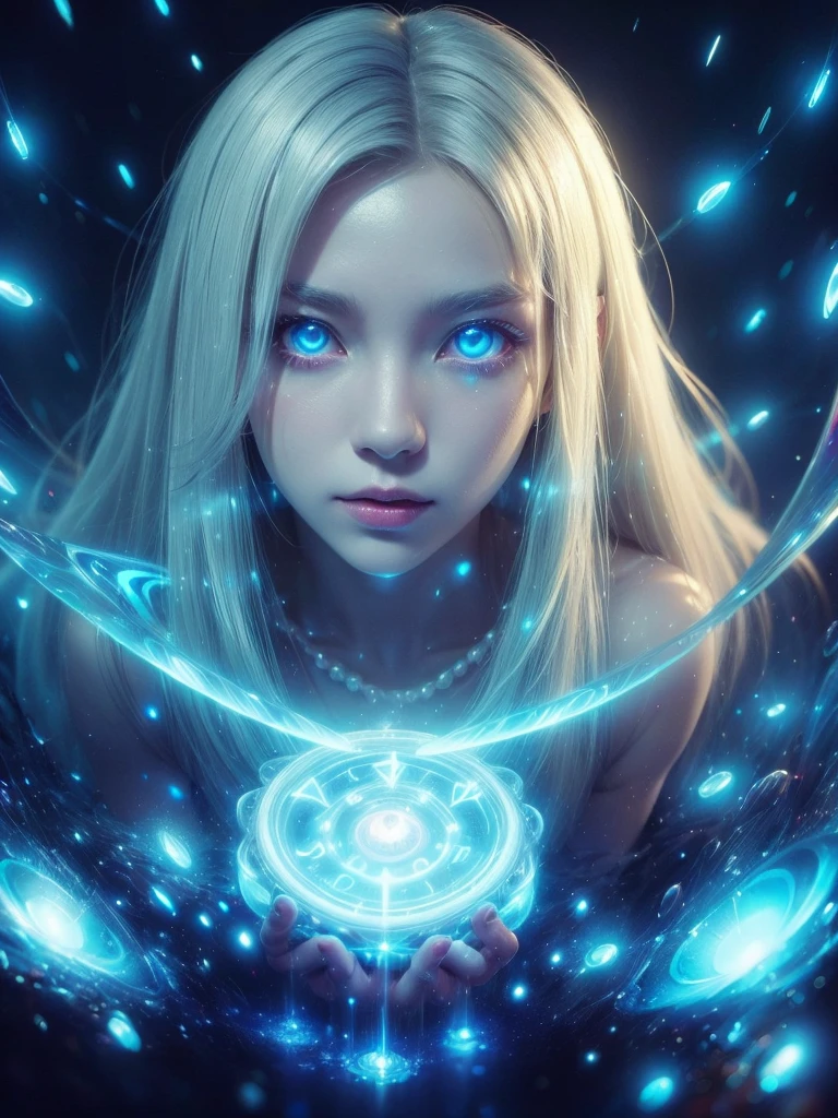 ((upper body)), best quality, masterpiece, a Japanese woman with ((Luminescence white hair)), ((detailed pearl blue eye)), high detailed goddess soul, focus on character, solo, (style swirl magic), solo, from front, front view, looking at viewer, detailed face, ((Luminescence Lighting Magic Circle theme)), perched on a ledge, tight neon body, light streaks, dark abyssal wanderer abstract, ((Simple Luminescence Neon Gown)), inscribed with mystical runes, outdoor dystopian background,