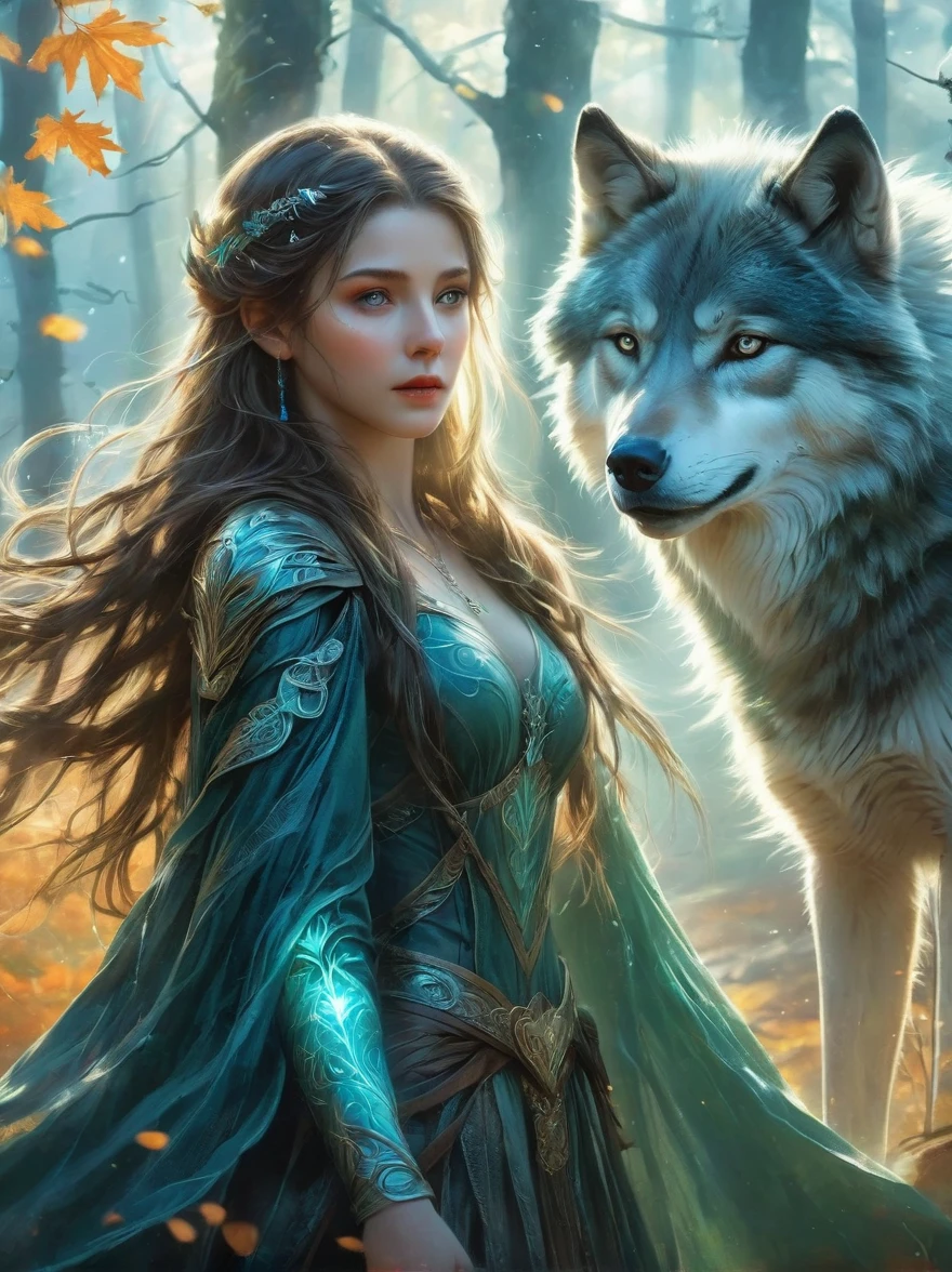 An elven ranger draws a glowing teal bow, braided autumn hair and cloak blowing dramatically. Intricate leaf-shaped armor glints in the mystical forest mist behind her. A wolf stands stalwartly by her side, ready for adventure. Dynamic fantasy landscape, radiant lighting.