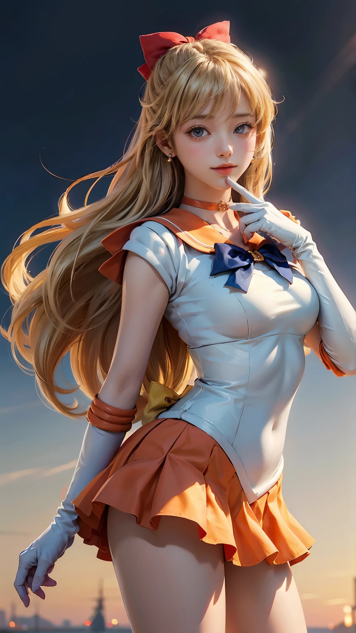 (masterpiece), (best quality), (ultra detailed),(illustration), (1girl),looking at viewer, (interview),beautiful detailed eyes, delicate beautiful face, Floating,(high saturation),(shining), sv1, Venus 1, Sailor Senshi Uniform, Sailor Venus, Minako Aino, Blonde Hair, Magical Girl, Blue Eyes, White Panties, Orange Skirt, Elbow Gloves, Tiara, Pleated Skirt, Hair Ribbon, Orange Sailor Color, Mini Skirt, Choker, Red Bow, Orange Choker, White Gloves, Very Long Hair, jewelry, earrings, smile,