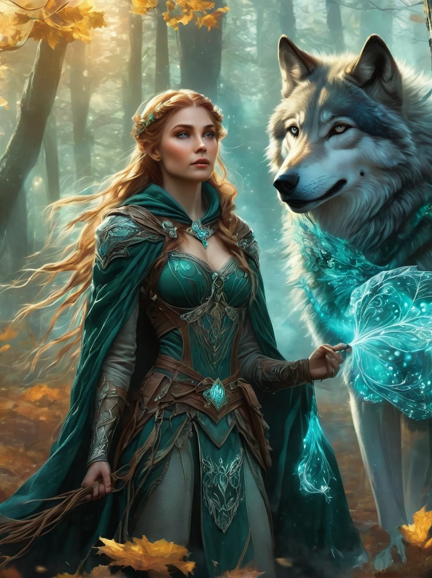 An elven ranger draws a glowing teal bow, braided autumn hair and cloak blowing dramatically. Intricate leaf-shaped armor glints in the mystical forest mist behind her. A wolf stands stalwartly by her side, ready for adventure. Dynamic fantasy landscape, radiant lighting.