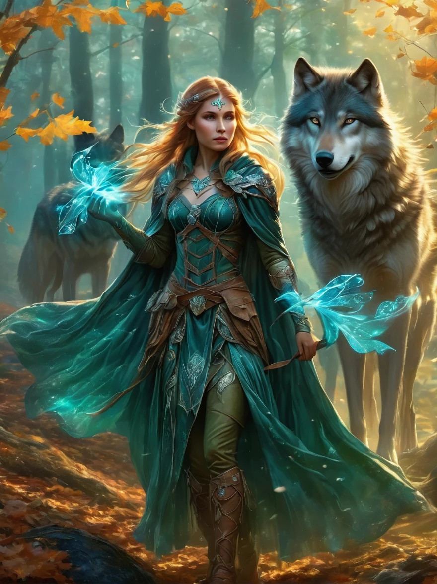 Un ranger elfe tire un arc bleu sarcelle brillant, cheveux d&#39;automne tressés et manteau soufflant de façon spectaculaire. Une armure complexe en forme de feuille scintille dans la brume mystique de la forêt derrière elle.. Un loup se tient fidèlement à ses côtés, prêt pour l&#39;aventure. Paysage fantastique dynamique, éclairage rayonnant.