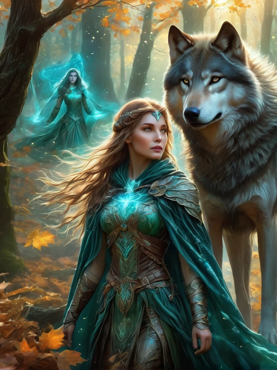 An elven ranger draws a glowing teal bow, braided autumn hair and cloak blowing dramatically. Intricate leaf-shaped armor glints in the mystical forest mist behind her. A wolf stands stalwartly by her side, ready for adventure. Dynamic fantasy landscape, radiant lighting.