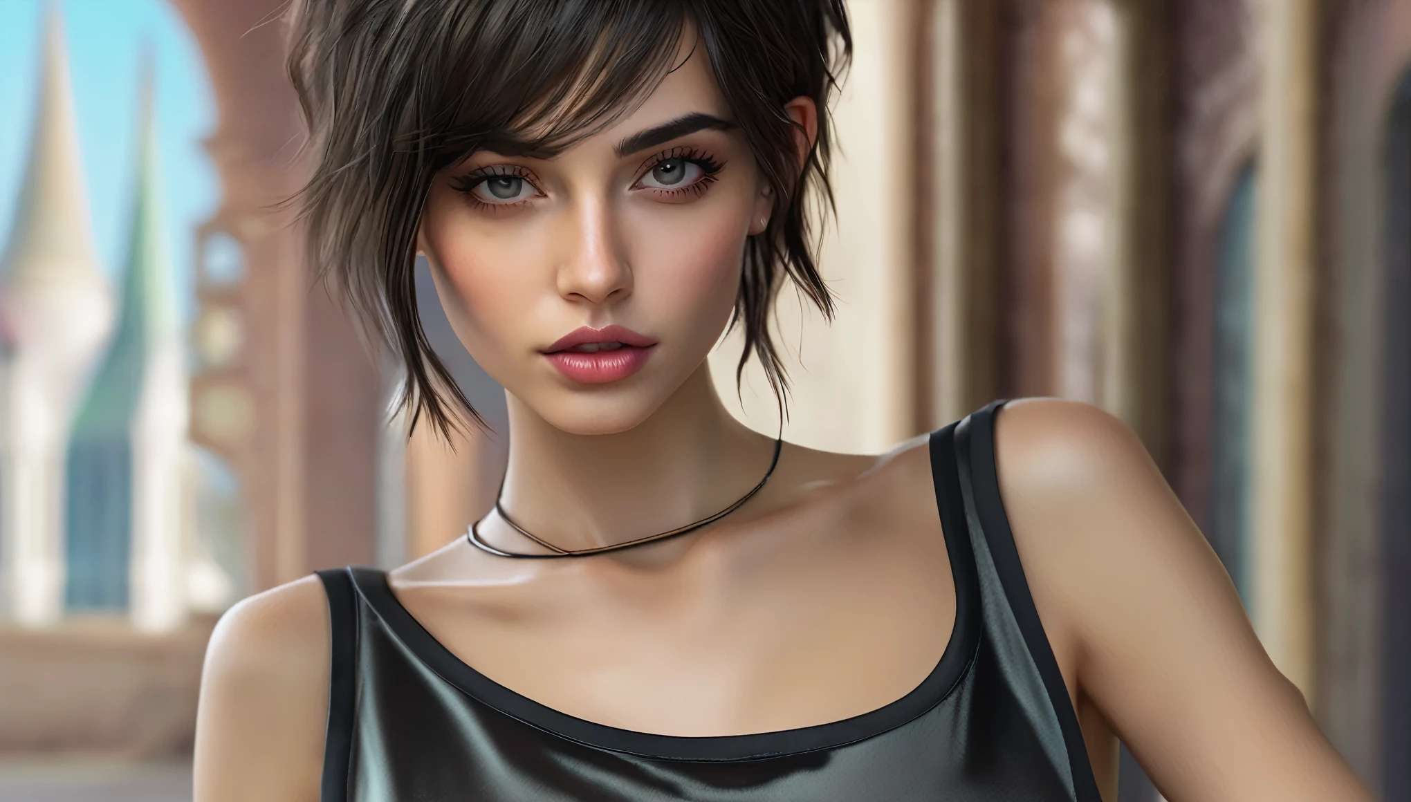 Top Quality, Masterpiece, High Resolution, 8k, (((skinny girl in satin oversized tanktop, wide neckline, small breasts, beautiful detailed eyes, beautiful detailed lips, no lipstick, small closed mouth, extremely detailed face, pixie asymmetrical hair, small hips, random colors)))