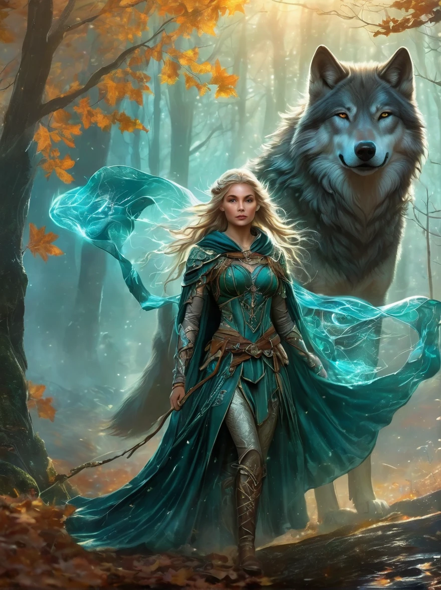 Un ranger elfe tire un arc bleu sarcelle brillant, cheveux d&#39;automne tressés et manteau soufflant de façon spectaculaire. Une armure complexe en forme de feuille scintille dans la brume mystique de la forêt derrière elle.. Un loup se tient fidèlement à ses côtés, prêt pour l&#39;aventure. Paysage fantastique dynamique, éclairage rayonnant.