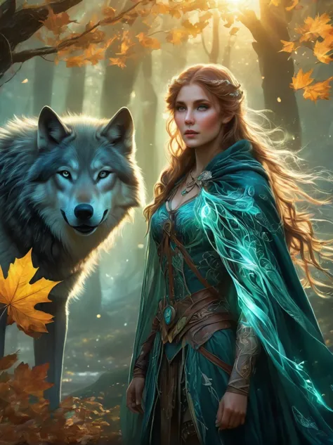 An elven ranger draws a glowing teal bow, braided autumn hair and cloak blowing dramatically. Intricate leaf-shaped armor glints...