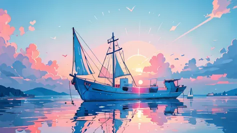 skyscape and a boat made of glass, reflection, pink and blue magnificent wide open sky. sunset, ambient light, vibrant colors, p...