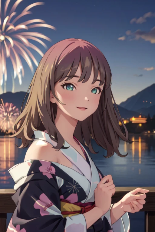 masterpiece, best quality, ultra detailed, highres, extremely detailed CG unity 8k wallpaper, perfect lighting,  very detailed background, beautiful and aesthetic,sharp focus, perfect face, dynamic pose, dynamic angle,
1girl, upper body, (portrait:1.1), medium hair, black hair, multicolored yukata, kanzashi, looking at viewer,  full-face blush, from side, from below, smile,
night, dark sky, misty lake, mountainous horizon, break,aerial fireworks,  (Full of sky fireworks:1.1),
Shoulder Bare、Off the shoulder