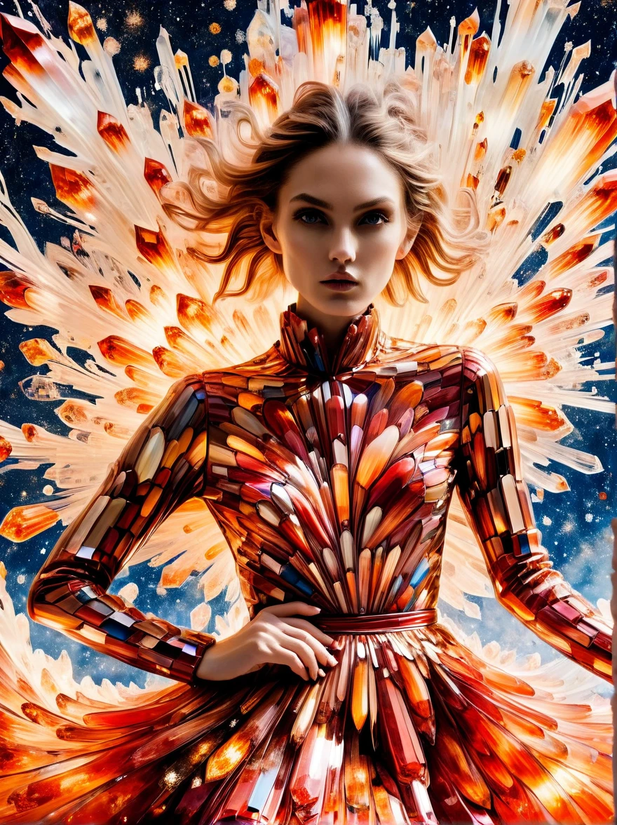 For Marie Claire, a model in a Valentino creation, her pose commanding, amidst the depiction of a supernova explosion. Asymmetrical composition by Andreas Gursky