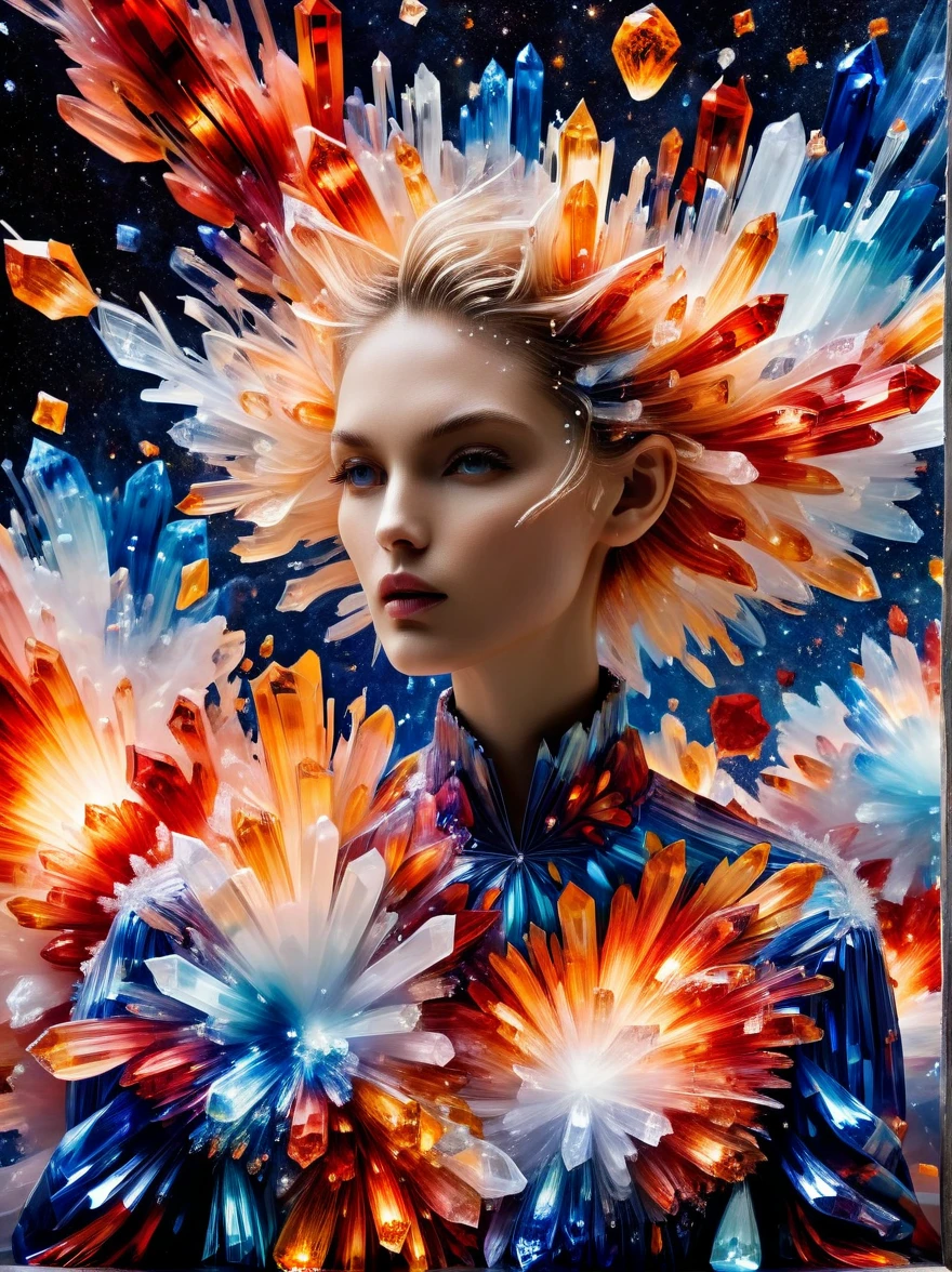 For Marie Claire, a model in a Valentino creation, her pose commanding, amidst the depiction of a supernova explosion. Asymmetrical composition by Andreas Gursky