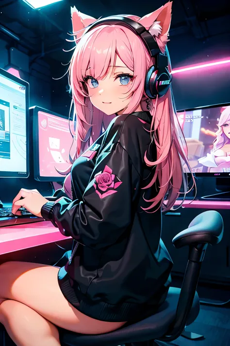 Highest image quality, outstanding details, ultra-high resolution, the best illustration, favor details, highly condensed, 1girl with long dreadlocks , face blinded by a mask, ,the girl is wearing a gaming headset with cat ears, woman sitting on a big pink...