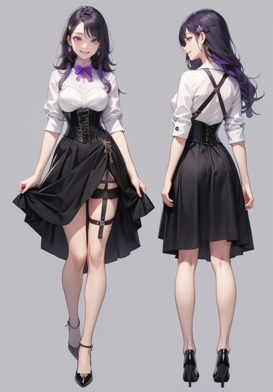 Purple hair,Long hair,Adult female,Bartender,((Body harness)),((Rolling up your sleeves shirt)),(Corset),(Tight skirt),Garter belt,High heels,((Simple background)),Smile,((Full body)),((whole body)),Character Sheet,