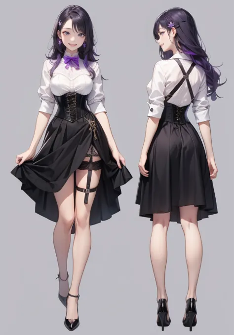 Purple hair,Long hair,Adult female,Bartender,((Body harness)),((Rolling up your sleeves shirt)),(Corset),(Tight skirt),Garter be...