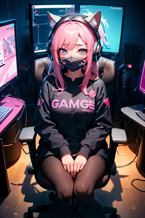 Highest image quality, outstanding details, ultra-high resolution, the best illustration, favor details, highly condensed, 1girl with long white's hairs , face blinded by a mask, ,the girl is wearing a gaming headset with cat ears, woman sitting on a big p...